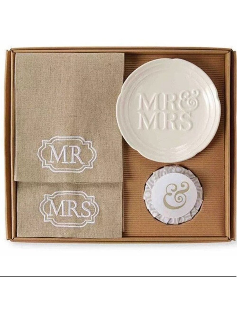 Mud Pie 4pc Set Linen Mr & Mrs Towels Soap Dish Wedding Bridal Shower gift NIB